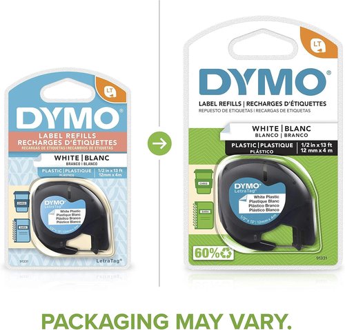 DYMO LetraTag Labeling Tape - Black Print on White Plastic, 1/2" W x 13' L, 1 Roll