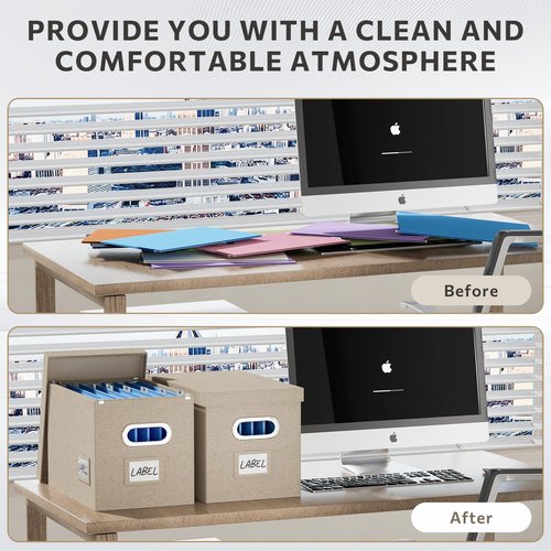 Chizjox File Organizer Box with Lid - Set of 2 Portable Hanging filebox, Collapsible Linen Decorative Filing Storage Boxes for Office & Home File Cabinet (Beige 14 x 9.3 x 10.9 inch)