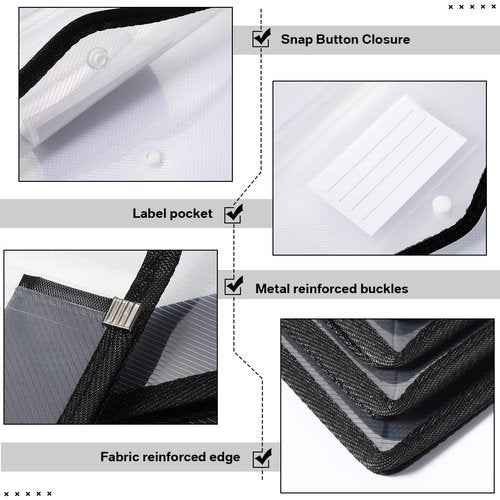 10 Pieces Plastic File Folders Envelope Expanding File Wallet Organizer Documents Folder with Snap Closure and Pocket B4 Waterproof Transparent Pouch for School Office(Black,Horizontal)