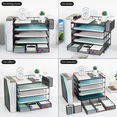 Youbetia Paper Tray Organizer with Mesh File Holder, 5 Tier Desk Accessories & Workspace Desk Organizers with Pen Holder, Office Desk Accessories Desktop Organization for Office Supplies (Black)
