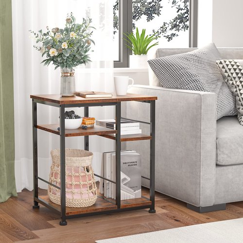 Furologee 3 Tier Printer Stand for Home Office Organization, Mobile Printer Cart with Wheels and 2 Hooks, Under Desk Shelf with Storage, for Living Room, Kitchen, Rustic Brown