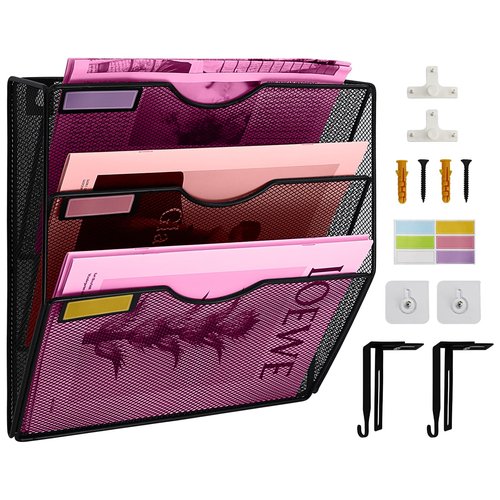 3 Pockets Mesh Wall File Holder Organizer Office Hanging File Folder Magazine Rack, Nametag Label Hooks Set Included (Black)