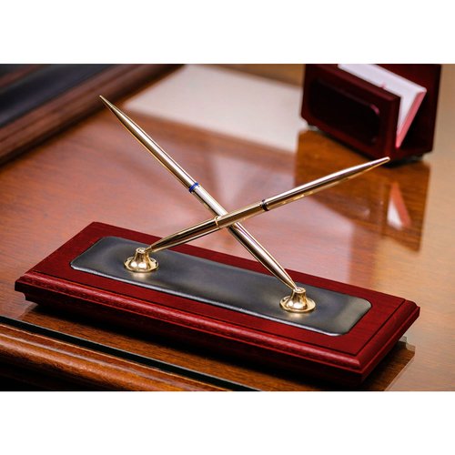 Dacasso A8004 Wood & Leather Double Pen Stand Desk Set, Rosewood 9.25 x 4.25 x 9.00