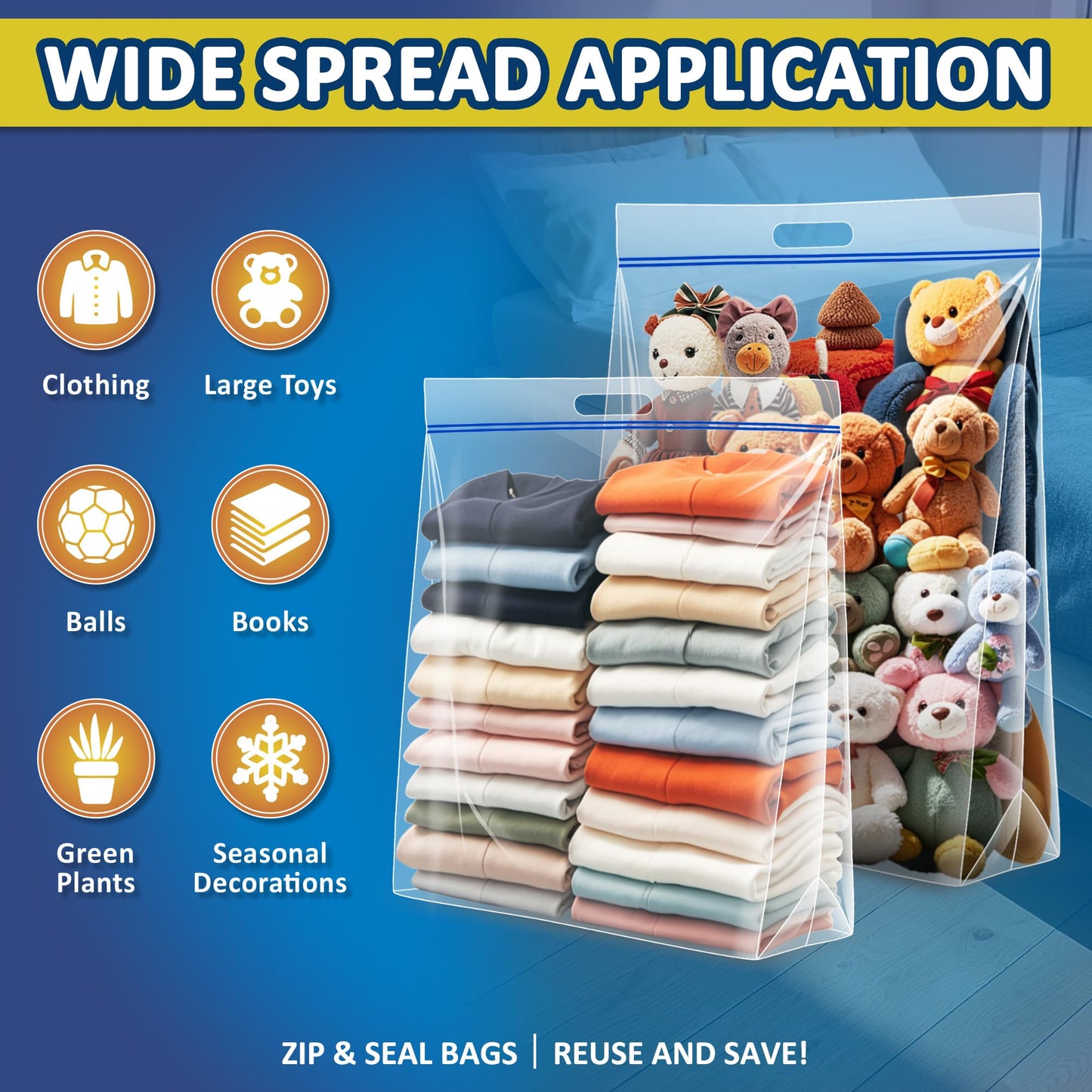 15 Gallon Large Resealable Storage Bags with zipper Top