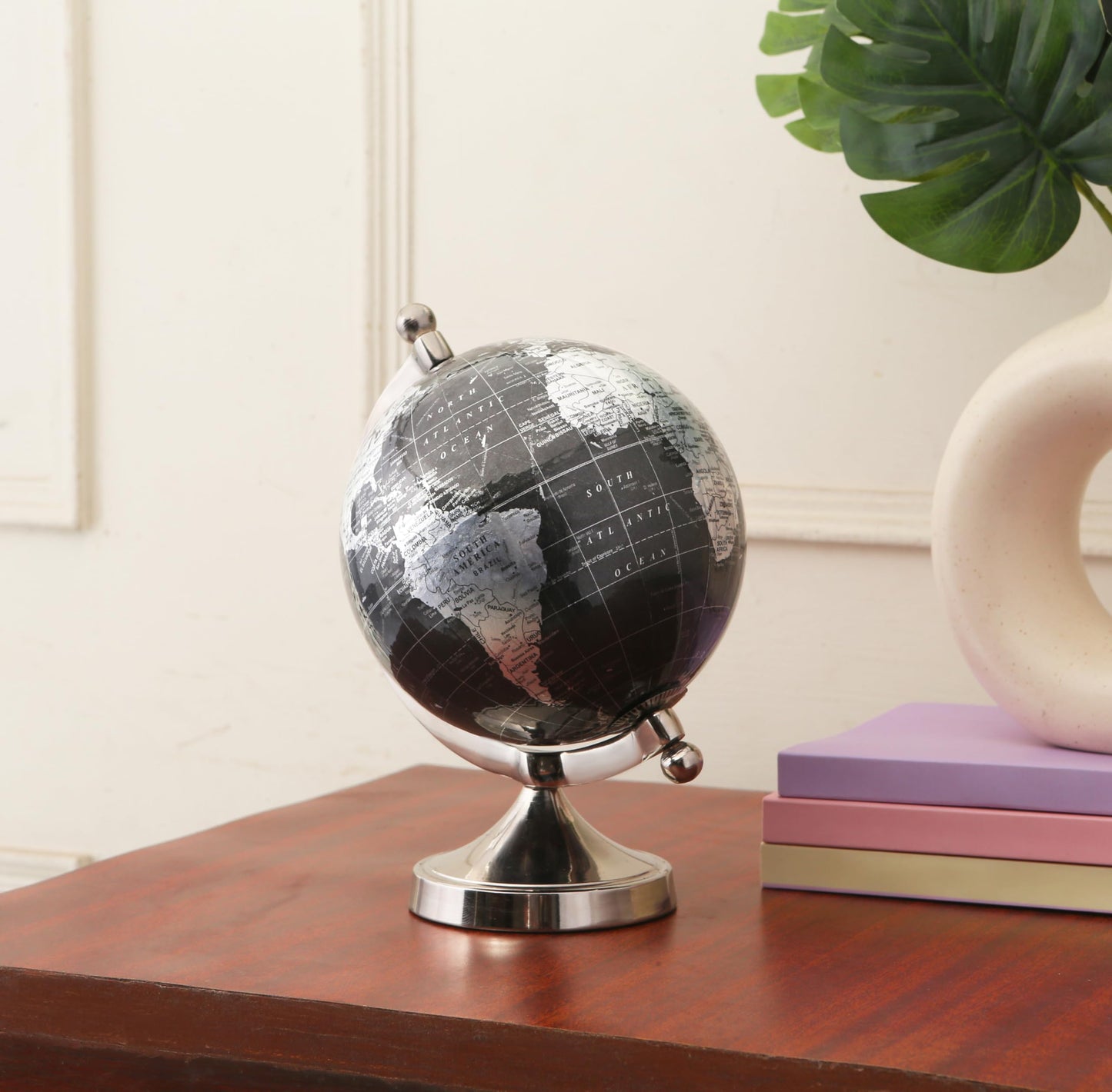 Rely+ 5" Black Globe of The World with Silver Stand (NOT PLASTIC!) For Bookcase Decorative Home Desk Table Office Decor Book Shelf Decor Globe 5 Inch