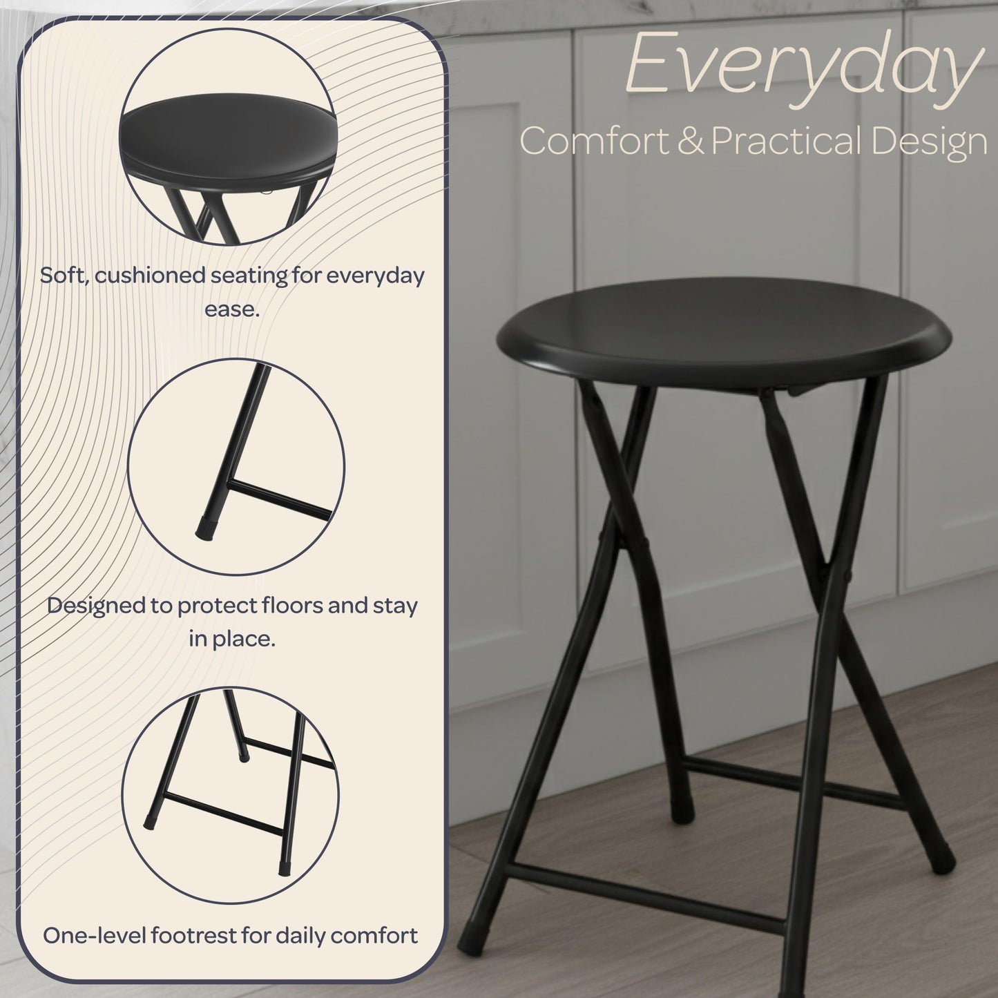 Lavish Home Folding Bar Stool - Set of 4 Heavy-Duty 18-Inch Stool - 225lb Capacity and Padded Seats for Dorm, Recreation or Game Room (Black)