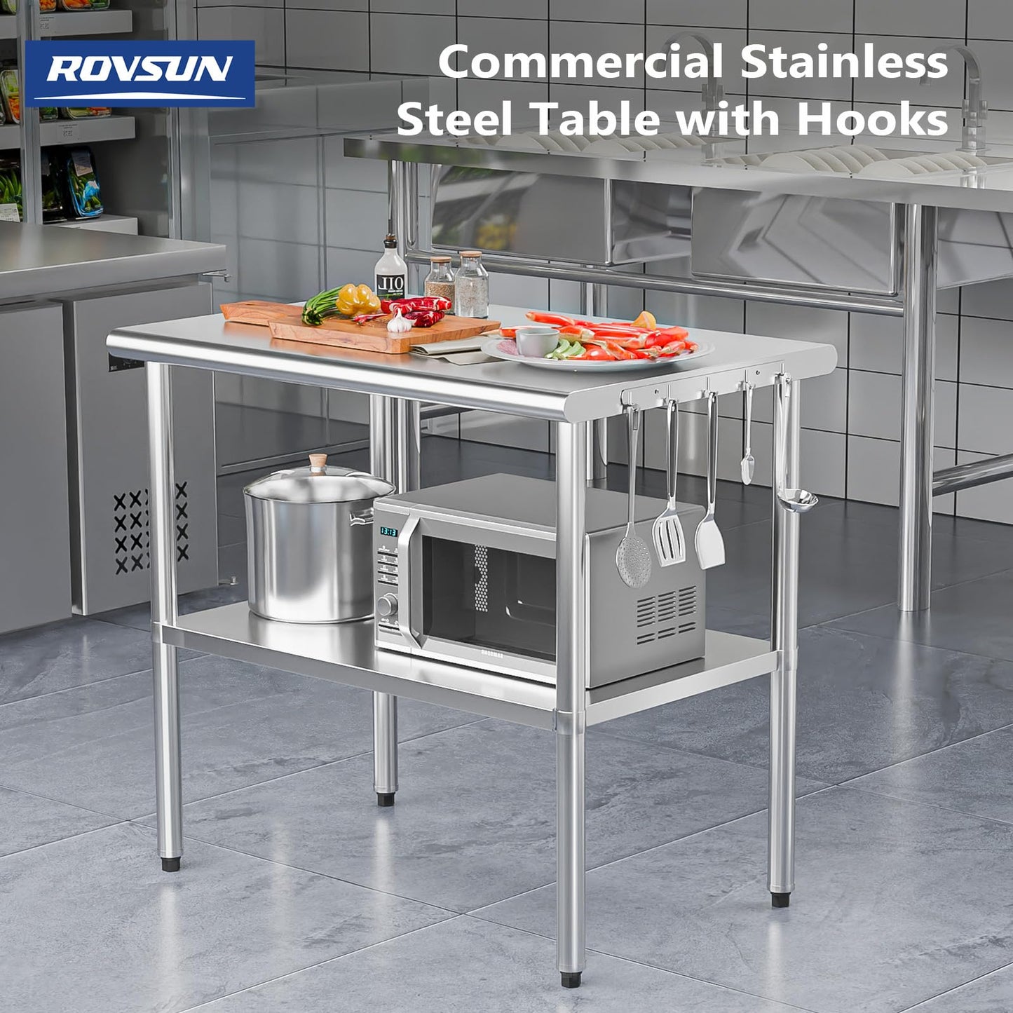 ROVSUN 30'' x 24'' Stainless Steel Table for Prep & Work,Commercial Worktables & Workstations, NSF Heavy Duty Metal Table with Adjustable UnderShelf for Kitchen Restaurant, Home, Hotel, Outdoor