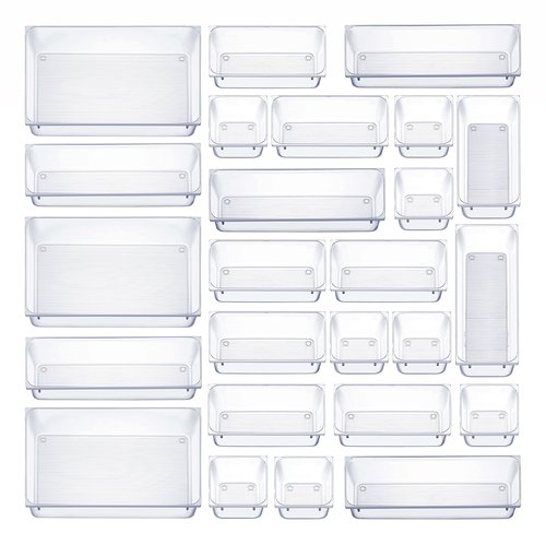 25 PCS Clear Plastic Drawer Organizers Set, 4-Size Versatile Bathroom and Vanity Drawer Organizer Trays, Storage Bins for Makeup, Bedroom, Kitchen Gadgets Utensils and Office Accessories