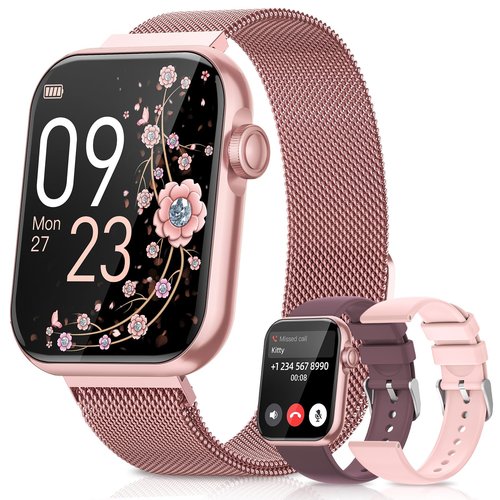 Smart Watches for Women, Health Fitness Watch for Android iPhone, Sleep/Heart Rate/SpO2/Blood Pressure Monitor, 1.85'' Smartwatch for Calls/SMS/Notifications, 100+ Sports Modes, 300+ Dials, 3 Bands