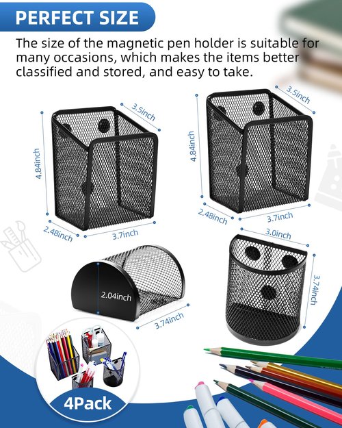 VICNOVA Magnetic Pen Holder, Stands for pens and pencils, Locker Organizer with Strong Magnets Metal Mesh Storage Magnetic Basket for Refrigerator Whiteboard Locker Accessories Classroom Must Haves