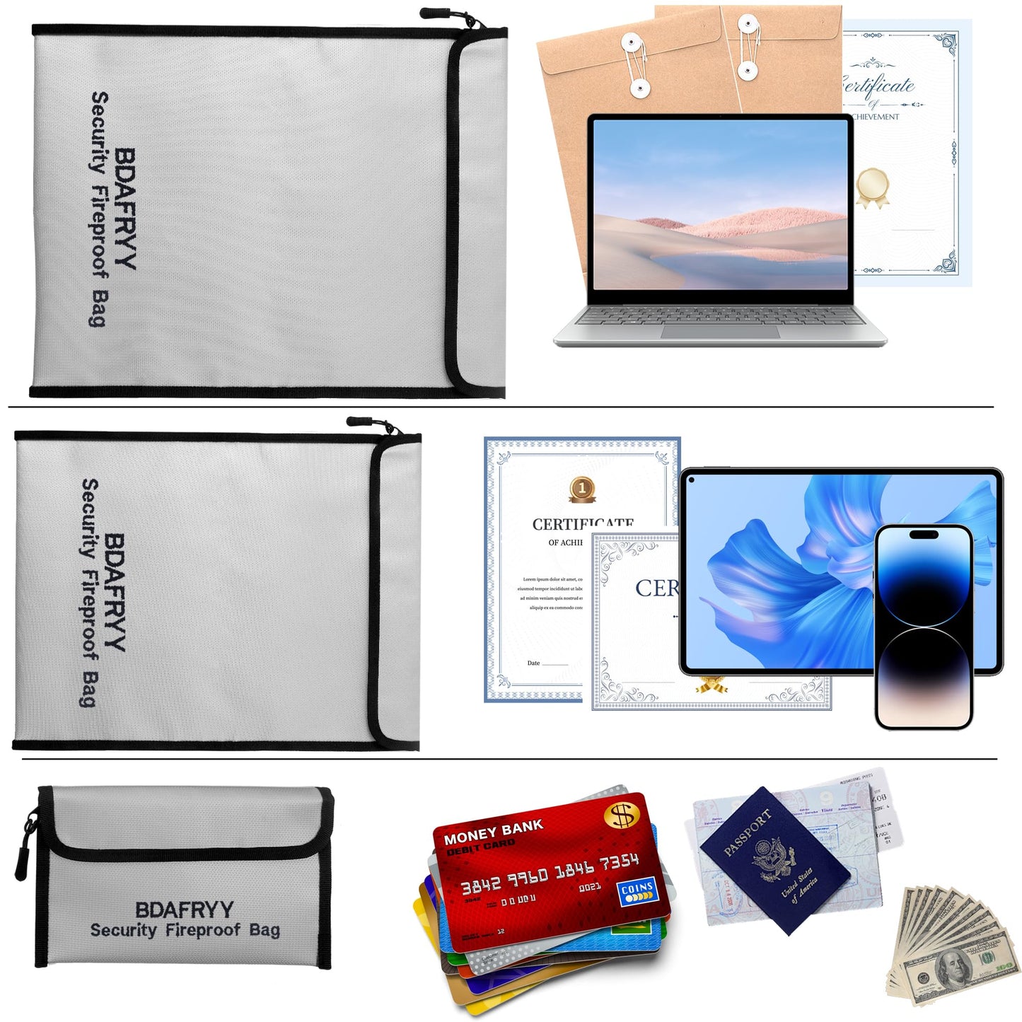 3 Pcs Fireproof Waterproof Money Important Document Bag(2000℉),Fire Proof Bag for Documents,Fire Proof Money Bag for Cash,for A4 A5 Documents Holder,Cash,Passport,Tablet,Laptop,File,Jewelry