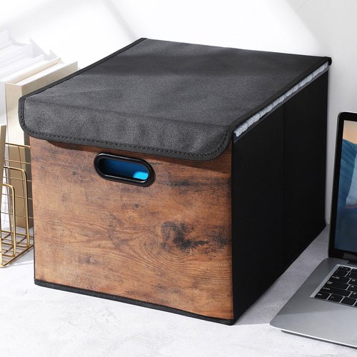 File Organizer Box with Wood Grain Pattern, Hanging Collapsible File Storage Bins with Lid Plastic Slides, Teacher Essentials for Back to School Classroom School Keepsake Organizer, Rustic Brown