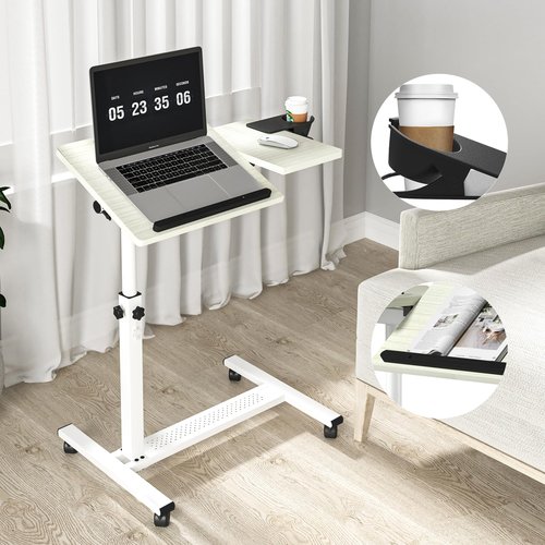 Panta Height Adjustable Rolling Laptop Stand, Overbed Table with 2 Tilting Desktops, Mobile Laptop Table for Couch with Cup Holder, Mobile Computer Workstation for Office, Home and Hospital,Maple
