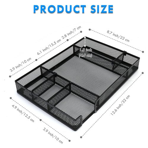 EsOfficce 2 Pcs Desk Drawer Organizer Tray with Adjustable Compartments, 6 Grid Metal Mesh Drawer, Multi-use Desk Organizer Storage Box Set for Office,Home,School Supplies, 12.6X9X1.9 inch