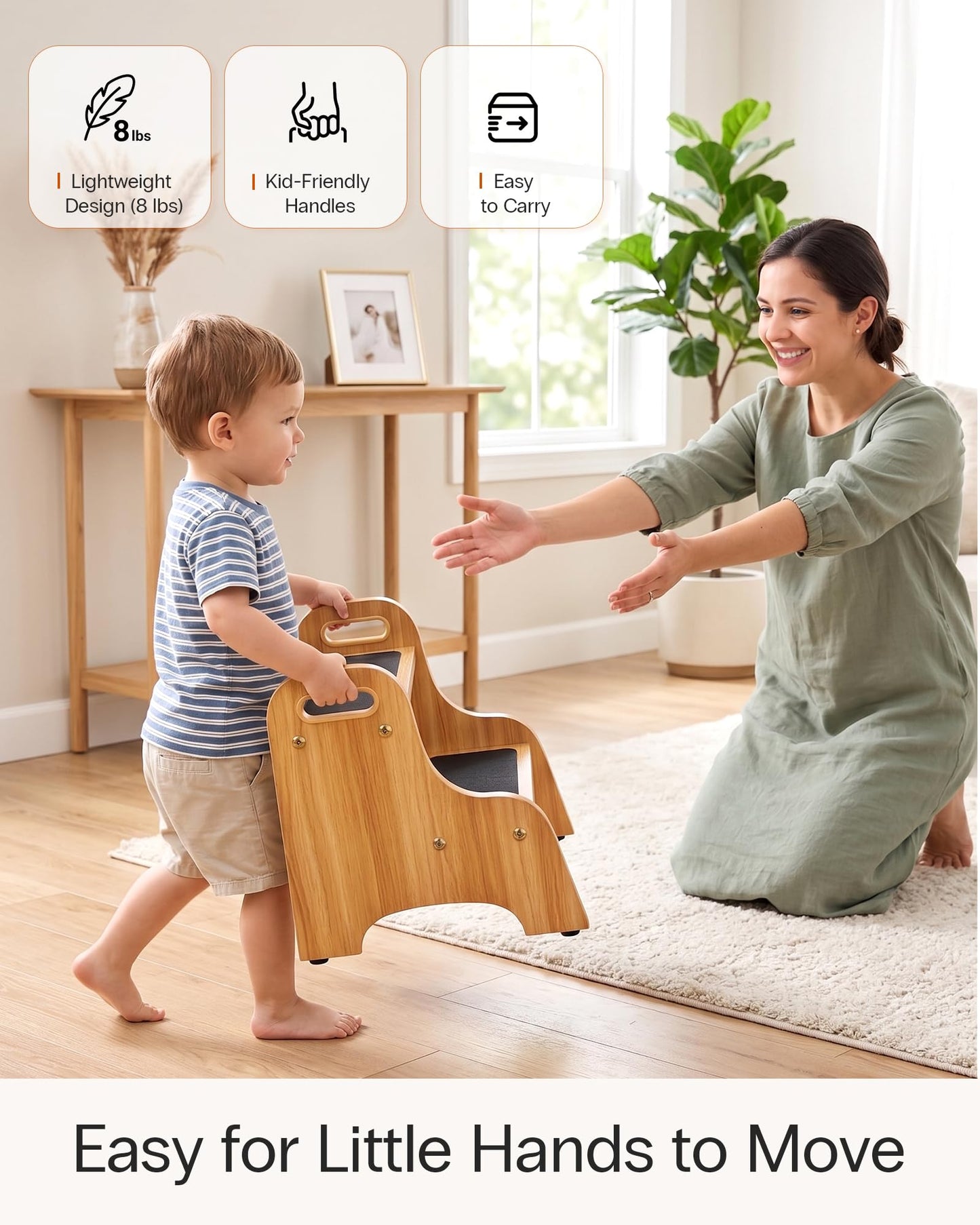 StrongTek Wooden 2 Step Stool, Non-Slip Surface with Handles, 350 lb Capacity, Compact Step Stools for Bathroom, Kitchen, Bedroom and Home Use (Natural)