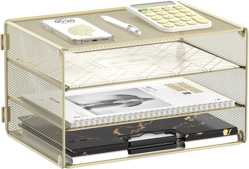 DALTACK 3-Tier Letter Tray - Stylish Mesh Metal Desk Organizer for A4 Paper, Mail & Bills - Yellow