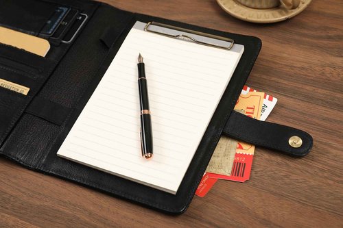 Small Portfolio Binder with Clipboard - A5 Binder Padfolio for Men Mini 5x8 Portfolio Folder with Legal Pad Holder for Business Meetings - Oil Black