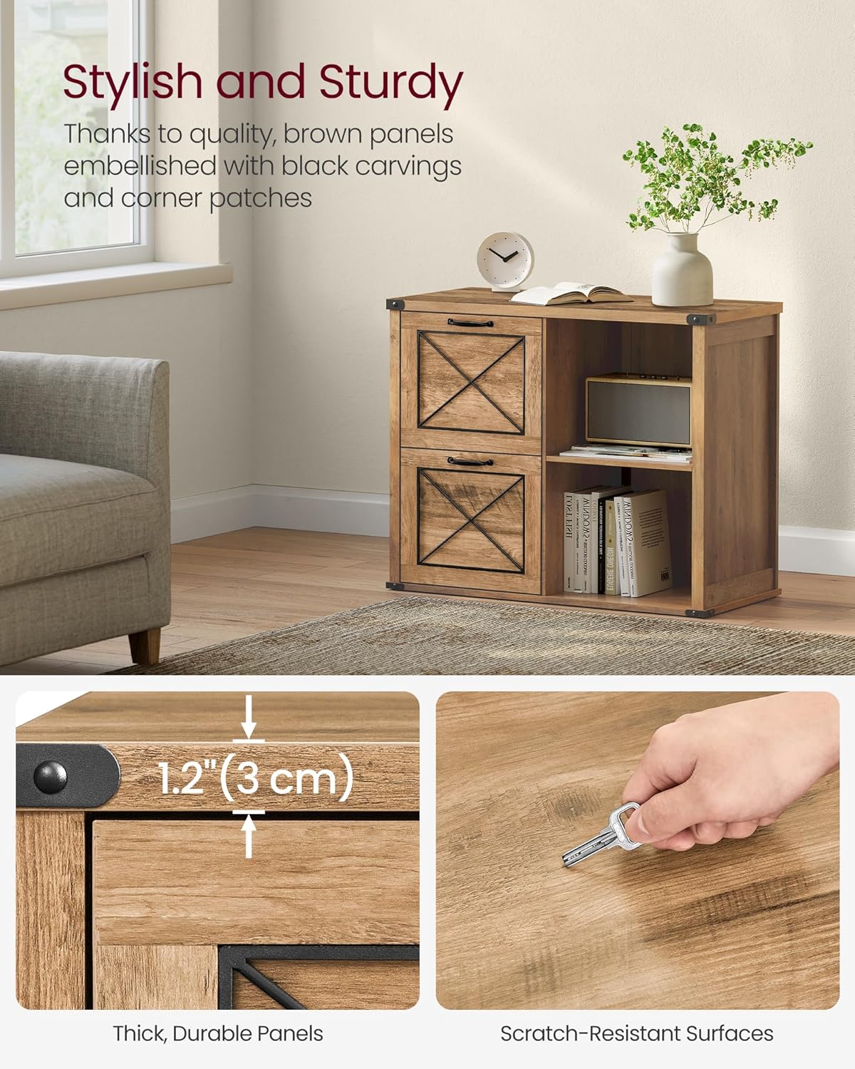 VASAGLE Lateral File Cabinet - Stylish Filing Cabinet with 2 Drawers & Open Compartments | Honey Brown Finish