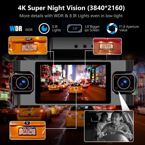 4 Channel Dash Cam 360° View,4K Front Rear Inside Dashcam,Left Right Dash Camera for Cars,Built-in GPS, 5G WiFi,Voice Control,Night Vision, 24/7 Recording Parking Mode Monitor, Free 128G Card