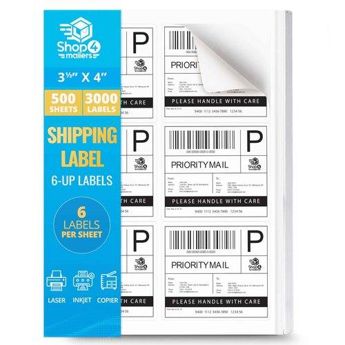 Shop4Mailers 6-Up White Permanent Self Adhesive Shipping Labels 3 1/3” x 4” Easy Peel Stickers for Laser & Inkjet Printers - 500 Sheets - 3,000 Count Labels