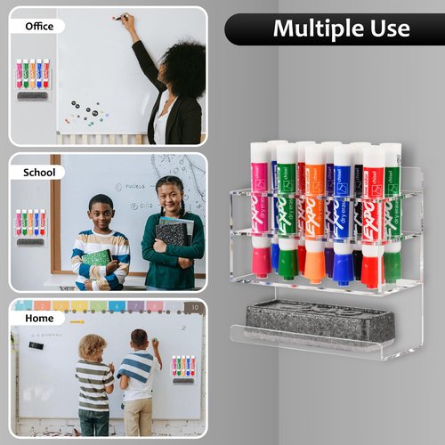 VieFantaisie Dry Erase Marker Holder, Wall Mounted Acrylic Marker Holder with 10 Slots, Sticky Pen Storage for Classroom Organization, Whiteboard, Office, Clear