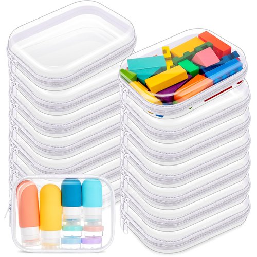 Qiyaz 15 Pcs Clear Hard Shell Zipper Case Plastic Bins Transparent Double Zippers Hard Pouch Clear Plastic Storage Box Containers for Building Blocks Cosmetics, Puzzles(7.9 x 5.9 Inches)
