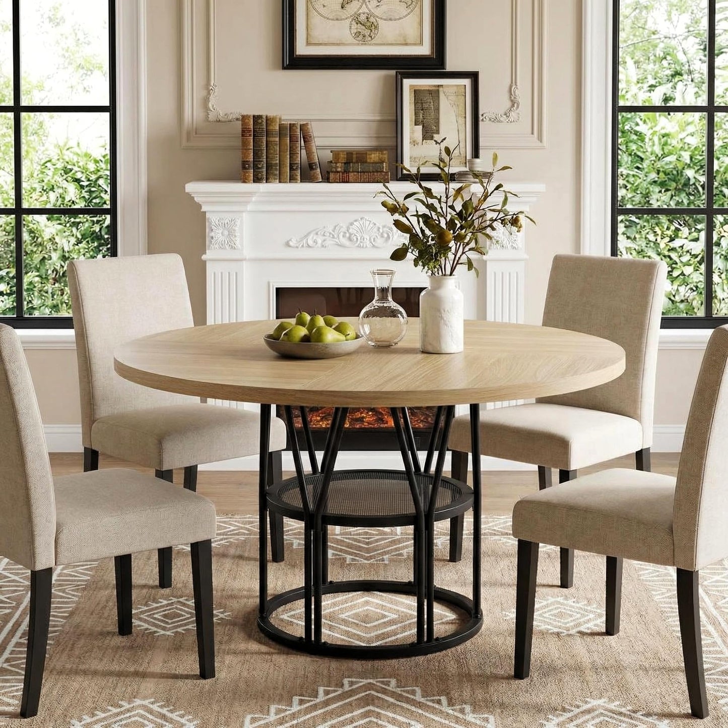 Garvee Round Dinning Table for 4-6 - 47" Circle Dinner Table with Storage Shelf & Sturdy Metal Frame, Modern Breakfast Tea Desk for Kitchen, Living Room, Apartment, Office, Natural