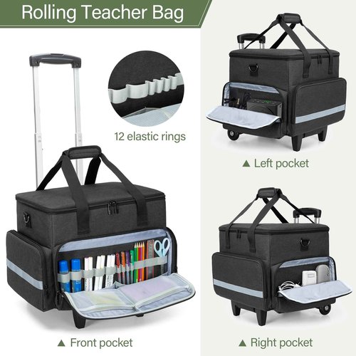 CURMIO Rolling Teacher Tote Bag with Wheels, Teaching Work Bag with Padded Sleeve for up to 14” Laptop for Teaching, Office, Black(Bag Only)