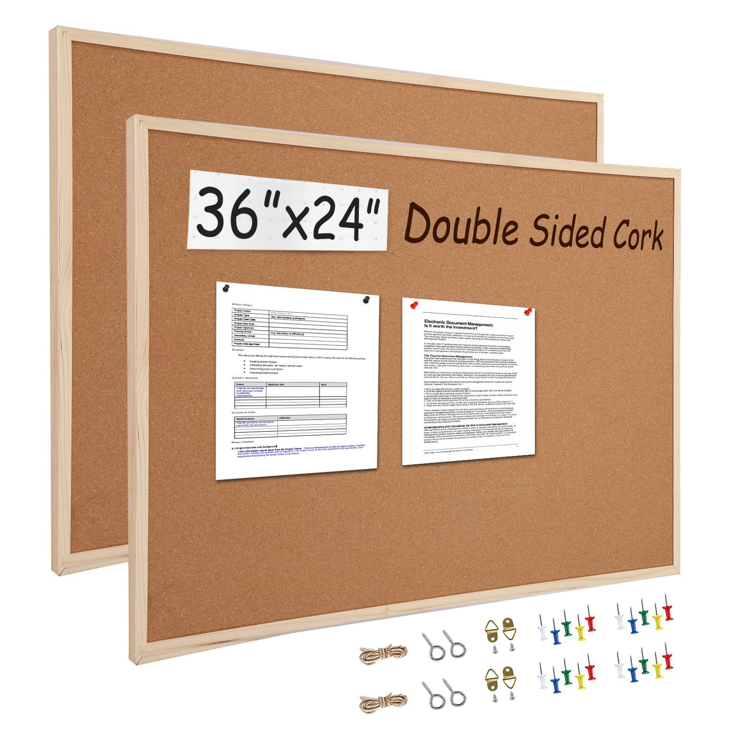 2 Pack 24” x 36” Cork Boards for Walls with Wooden Frame, Double Sided Office Board for Wall Organizer, Bulletins Board Decorative Hanging Pin Board for School, Home & Office, Notice Board Memo Board