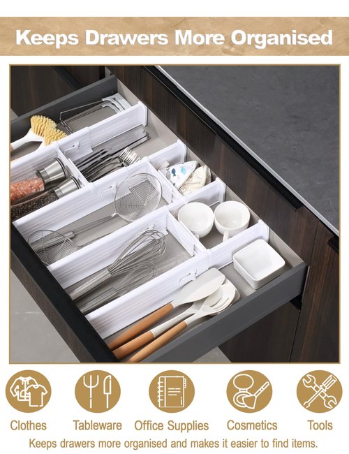 CeeVian Kitchen Drawer Dividers 4+4 Pack Drawer Divider Expandable Drawer Dividers Drawer Separators Splitter Plastic Drawers Separators for Dresser, Clothes, Kitchen and Office Storage