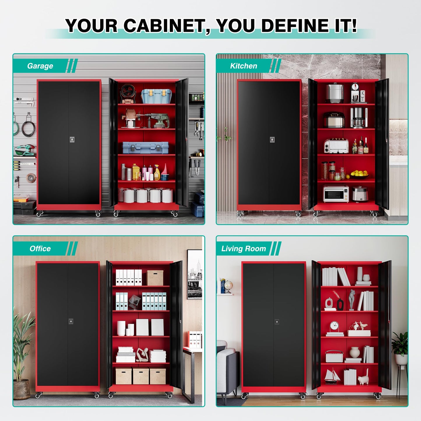 SISESOL 75" Tall Metal Storage Cabinet with Wheels,Rolling Garage Storage Cabinet with Lock,Red Metal Cabinets on Wheels,Locking Tool Cabinets on Wheel for Garage,Home,Office,Shop