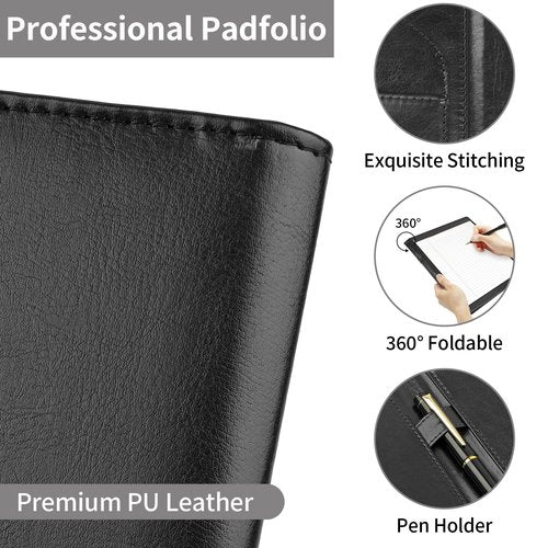 MOWPOG Professional Padfolio Portfolio Binder, Faux Leather Interview Resume Folder, Letter Size A4 Legal Writing Pad Holder, Document Organizer for Business School Office Conference (Black)