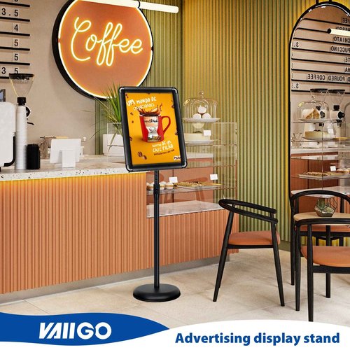 VAIIGO 11x17 Inch Adjustable Pedestal Poster Sign Stand, Heavy Duty Floor Standing Sign Holder Stand Aluminum Snap Open Frame for Vertical and Horizontal View Sign Displayed (Black, Round)