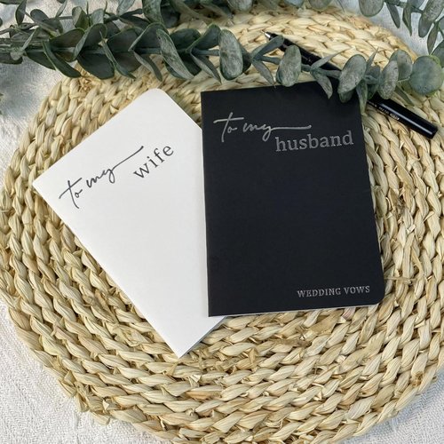HANVOWS Wedding Vow Books - His and Hers with Silver Foil Lettering | 5.9"x3.9" Black and White Notebooks
