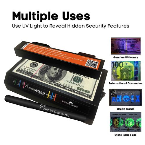 Dri Mark Tri Test 2.0 Counterfeit Bill Detector Machine w/AC Adapter - 2 Pack - 3 Tests in 1 - Paper, Security Strip and Watermark Tests, Accurate Money Tester Machine with Counterfeit Detection Pen