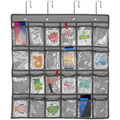DOITOOL 24 Clear Pockets Classroom Pocket Chart for Cell Phones Calculator Holder Over The Door Hanging Closet Jewelry Organizer Clear Pocket Chart Organizer for Classroom Cellphone Storage