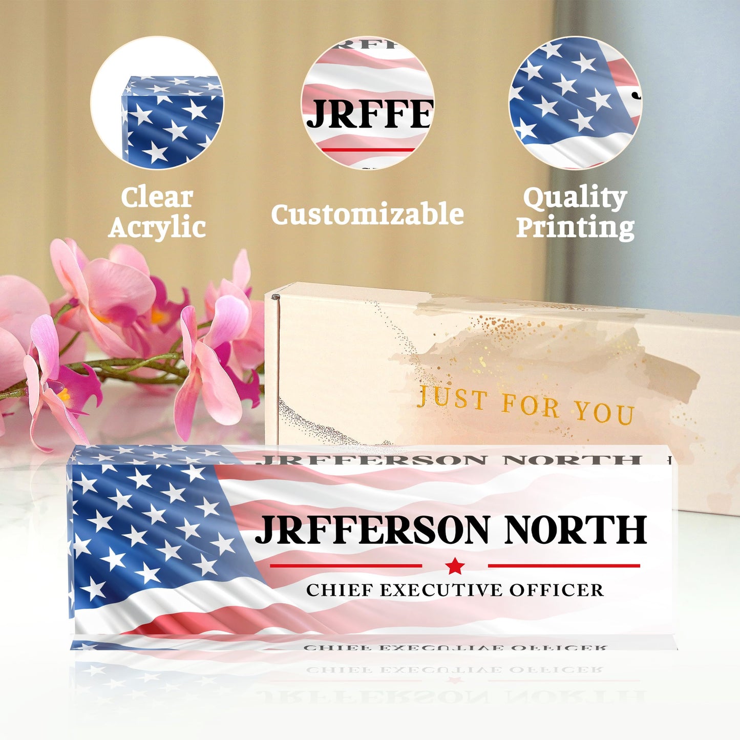 AZUFEMOS Name Plate for Desk - Personalized Acrylic Name Plate - US FLAG 1 - Small - Professional Style - Office