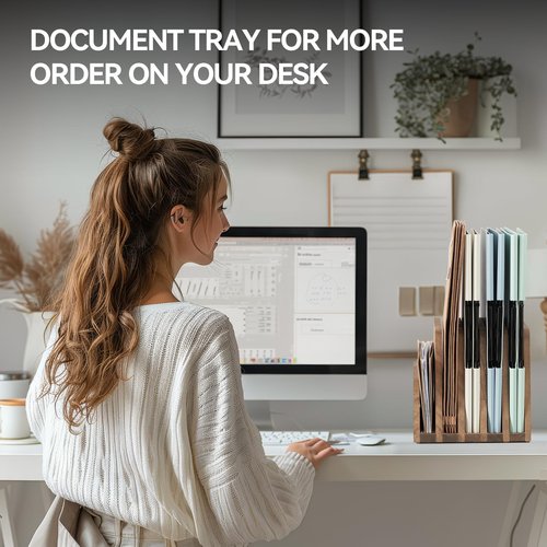 KIRIGEN Wooden Desk Mail Organizer 5 Slots File Paper Holder Desktop Wood Document Letter Holder Organizer for Home Office Dark Brown (5KWJJ-DBR)