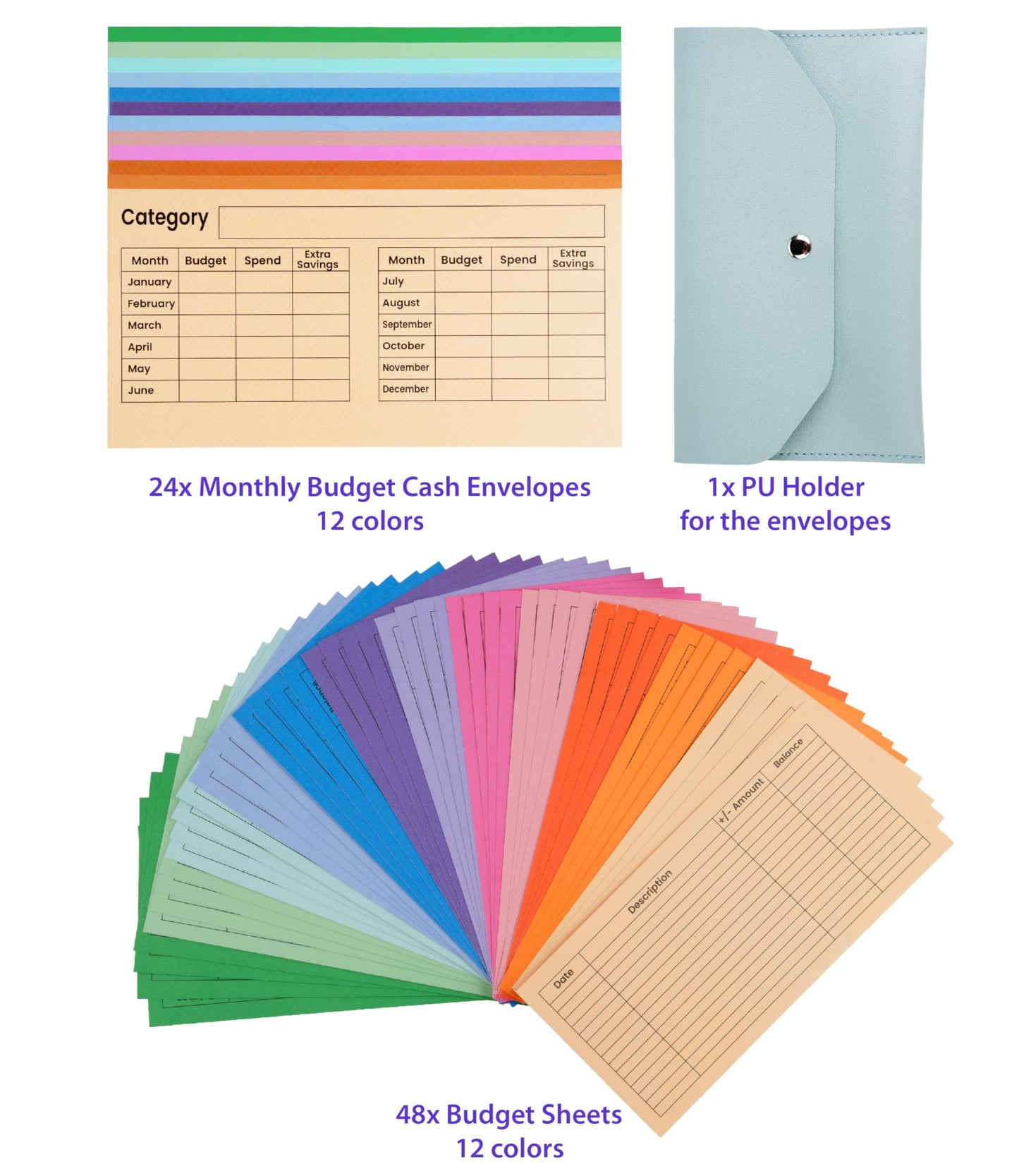 48 Pack Budget Sheets, 24 Pack Cardstock Envelopes, 7.0 x 3.5'' Cash Envelopes, 200gsm Thick, Budgeting System Includes PU Leather Pouch, 2 Year Supply Money Stuffing Organizer, Expense Tracker