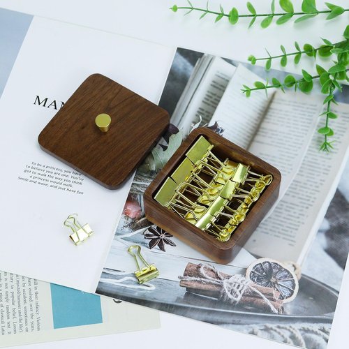 MultiBey Walnut Paper Clip Holder with Lid, Wooden Paperclip Holder for Desk Organizer, Square Paper Clip Dispenser-Holds Binder Clips, PaperClips & 3x3 Sticky Notes for Office, Home, School