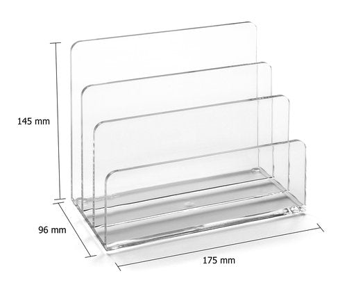 OSCO Clear Acrylic Letter Holder | Mail Sorter | Post Rack | Envelope Organiser | Document Stand | Desk File Storage | Display Slots | H14.5 x W17.5 x D9.5 cm |