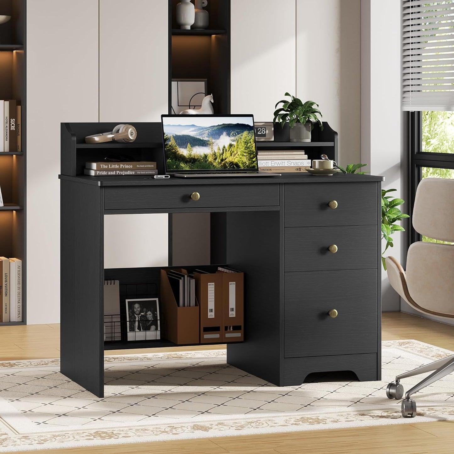 TTVIEW Computer Desk - Wood Writing Table with Drawers & Hutch Shelf | 43” Wide, Black Finish