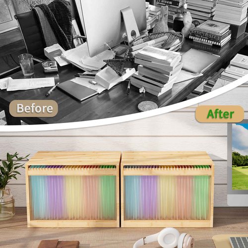 LONTAI Bamboo Hanging File Boxes with Lids 2 Pack, File Organizer Box for Letter/Legal File, File Box with Hanging Folders Acrylic Light Easy Assembly File Storage Boxes for Home Office, Natural