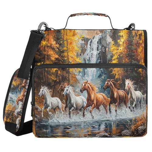 YETTASBIN Horse 3-Ring Zipper Binder with Shoulder Strap & Handle - 1.5" Binder Organizer Water-Resistant Expandable File Folder with Multi Pocket for School & Office Supplies