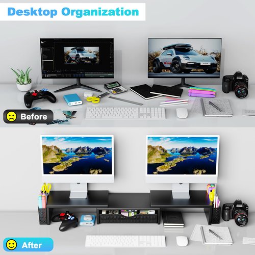 Spacrea Metal Desk Organizers and Accessories, Dual Monitor Stand Riser with Drawer and 2 Pen Holders, Desk Accessories & Workspace Desktop Organizers for Office Supplies (Black)