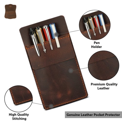 CestAntiQ Pocket Protector for Men, Full Grain Heavy Duty Leather Pen Protect Holder for Shirts, Lab Coats, Holds Pens, Pointers, Cards, Pocket Protectors for Pens and Pencils Brown