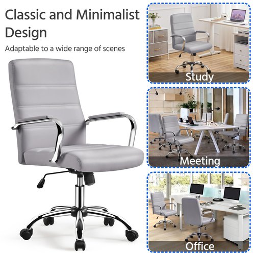 Yaheetech Mid-Back Office Chair with Arms Swivel PU Leather Height Adjustable Office Executive Chair, Light Gray