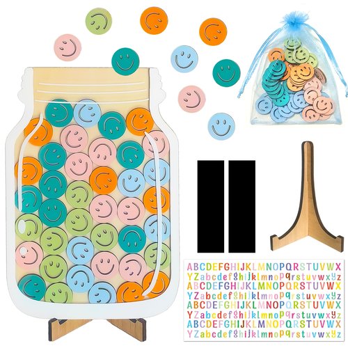 Magnetic Smiley Faces Reward Jar - Personalized Star Jar Reward System with Letter Stickers, Great for Home Chore Chart, Potty Training Tool and Classroom Behavior Training (45Pcs Token)