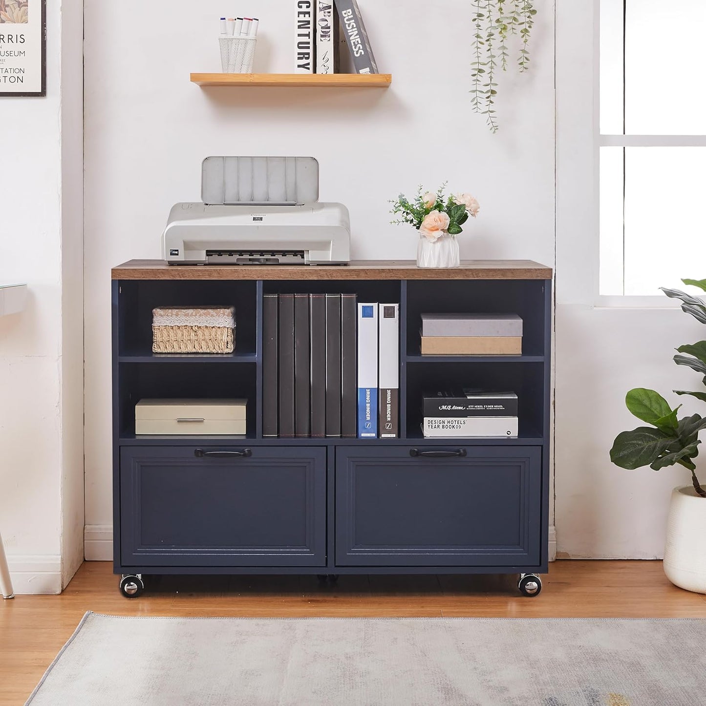 Skiennix Farmhouse Wood File Cabinet - Rolling Storage with 2 Drawers for Legal/Letter/A4 Size (Blue)