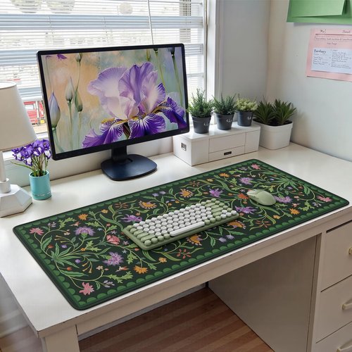 HAOCOO Moss Green Iris Desk Matt for Desktop, Cute Mouse Pads for Laptop, Non-Slip Vintage Keyboard Mat with Stitched Edge, Large Desk Mat for Keyboard and Mouse for Office, Gaming
